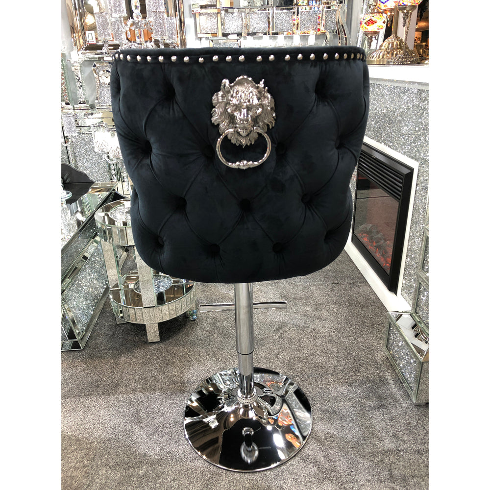 Valentino Black Velvet Deep Tufted Lion Head Bar Stool - The Furniture Mega Store 