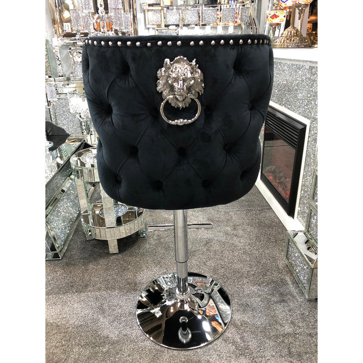 Valentino Black Velvet Deep Tufted Lion Head Bar Stool - The Furniture Mega Store 