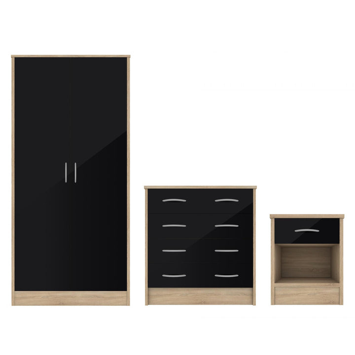 Black Gloss & Oak - Wardrobe, Chest Drawers & Bedside - Bedroom Set - The Furniture Mega Store 