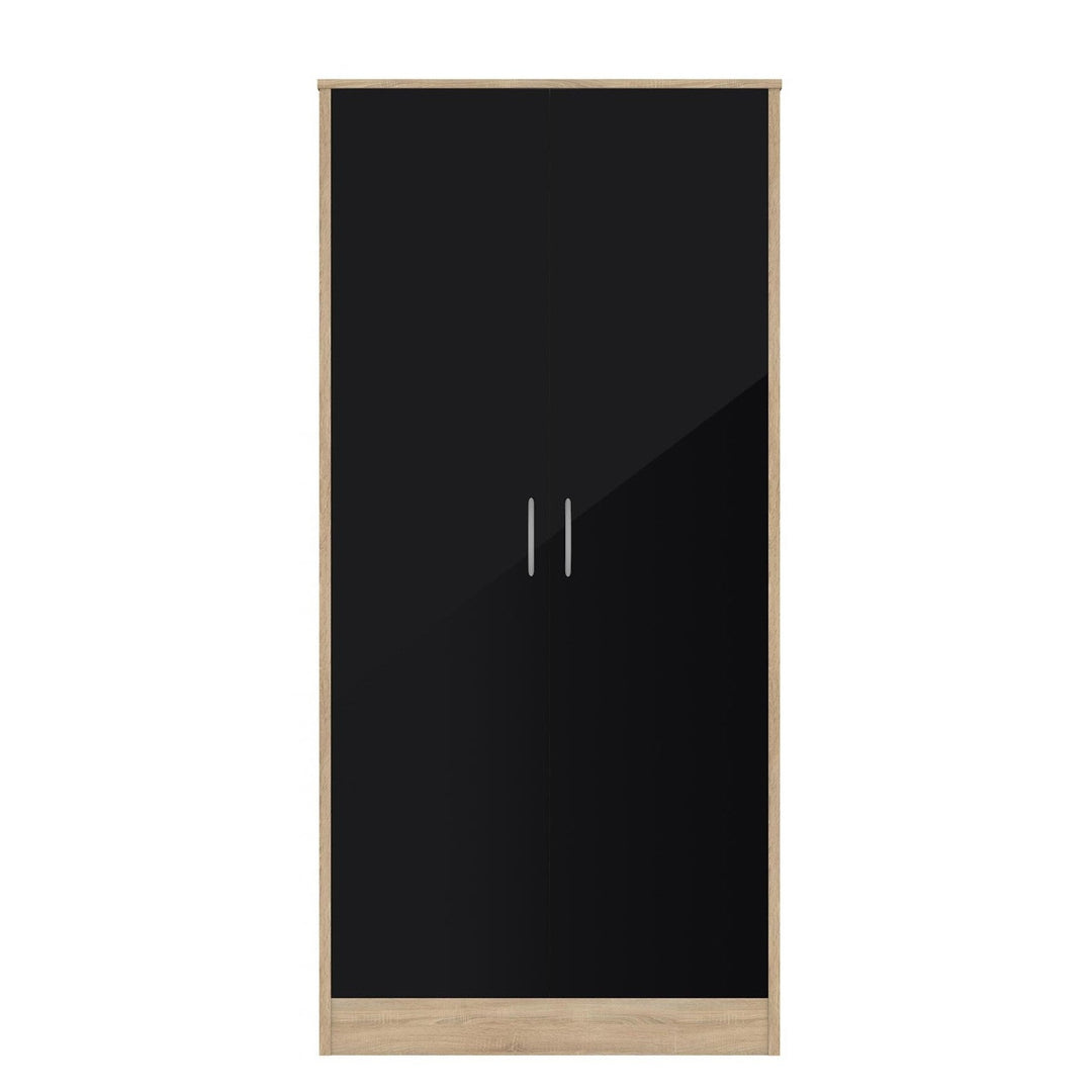 Black Gloss & Oak - Wardrobe, Chest Drawers & Bedside - Bedroom Set - The Furniture Mega Store 