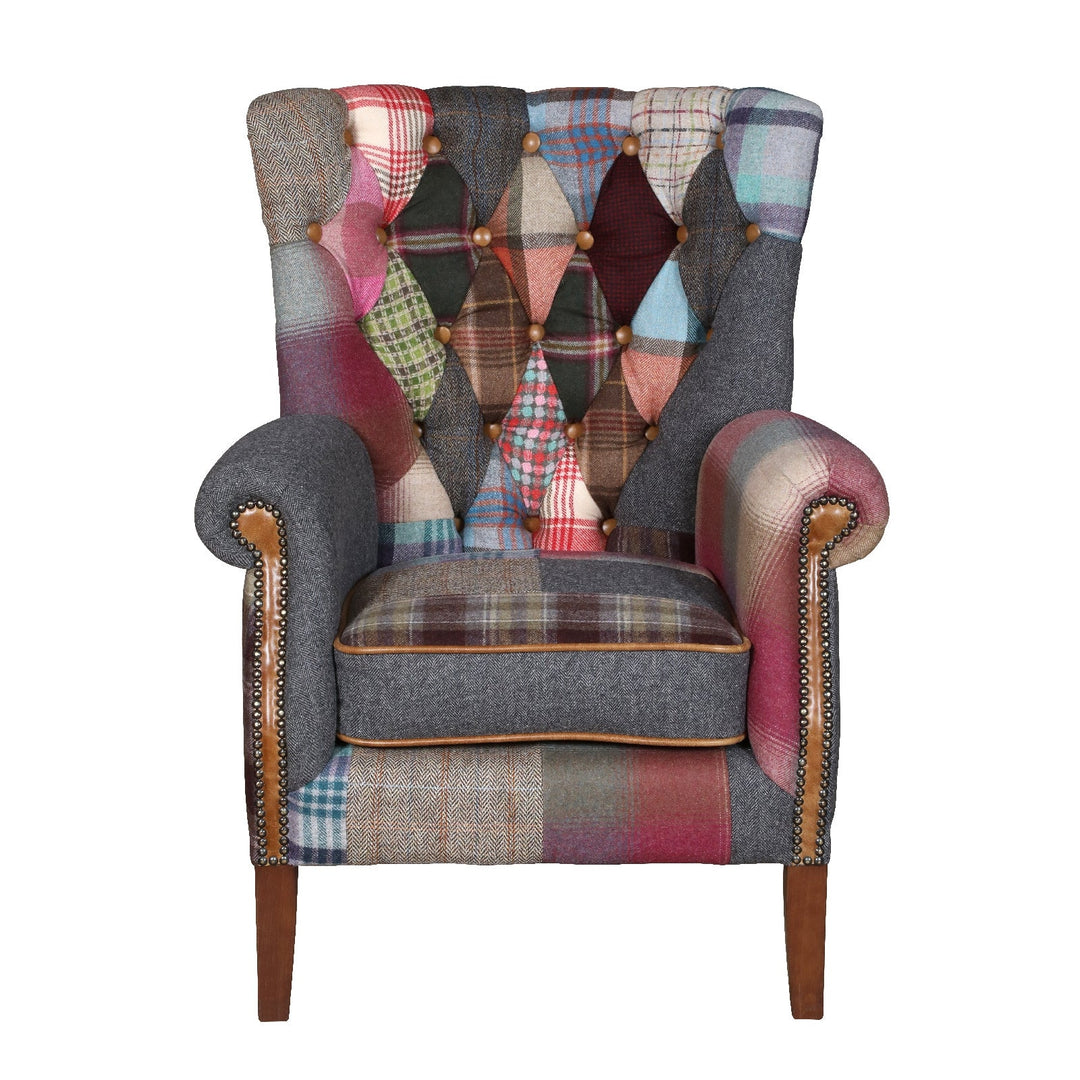 Barnard Vintage Leather, Moon Wool & Harris Tweed Patchwork Chesterfield Wing Chair - The Furniture Mega Store 