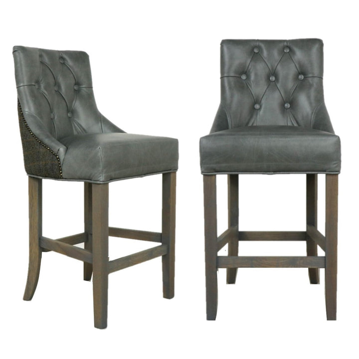 Hugo Vintage Leather & Harris Tweed Buttoned Bar Stool - Various Options - The Furniture Mega Store 