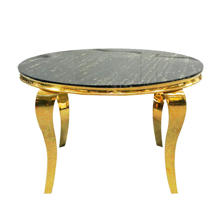 Louis 1.1m Round Black Marble & Gold Leg Dining Table & 4 Majestic Black Velvet & Gold Dining Chairs - The Furniture Mega Store 