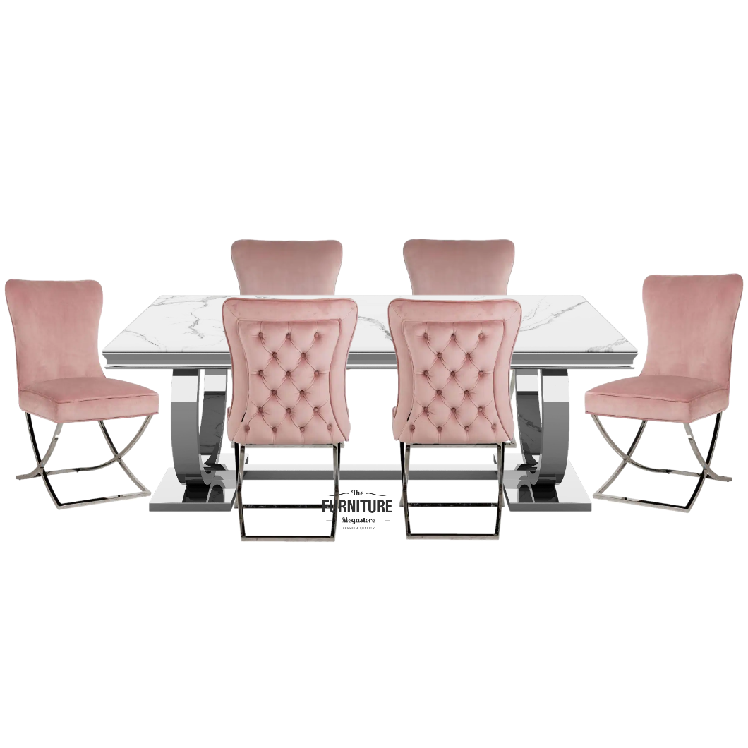 Chelsea 1.8 White Marble Dining Table & 6 Knightsbridge Pink Velvet Cross Leg Dining Chairs - Set Of 2 - The Furniture Mega Store 