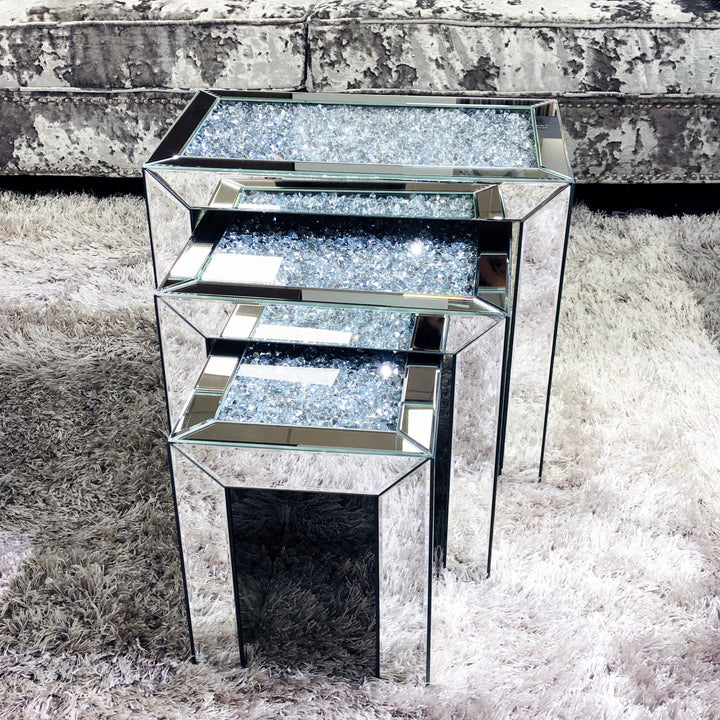 Crushed Diamond Mirrored Nest Of 3 Tables - The Furniture Mega Store 