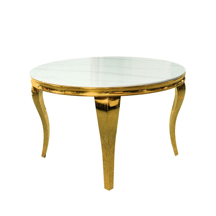 Sophia 1.1m Round Cream Marble & Gold Leg Dining Table & 4 Cream Velvet & Gold Dining Chairs - The Furniture Mega Store 