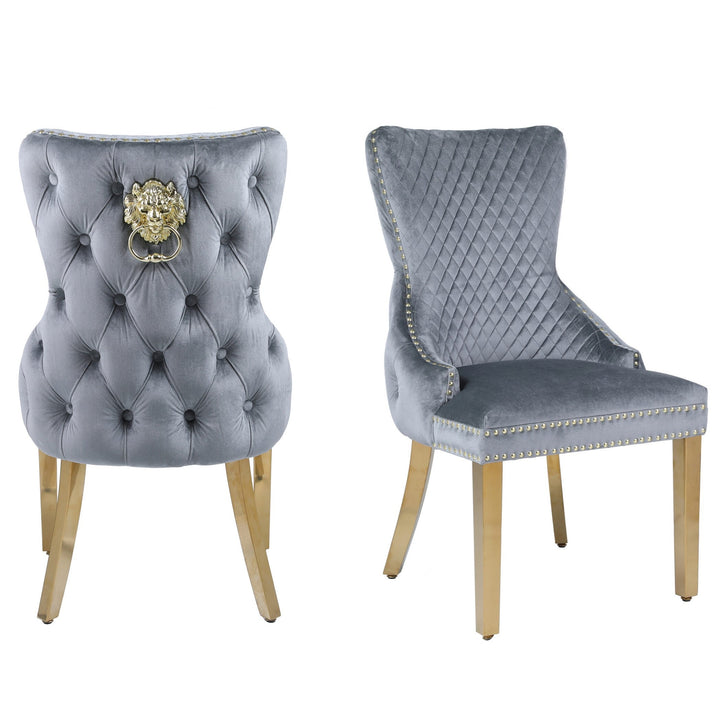 Victoria Grey Velvet & Gold Leg Lion Knocker Back Dining Chairs - Set Of 2 - The Furniture Mega Store 