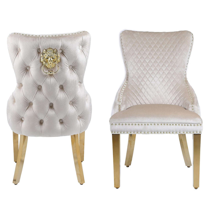 Sophia 1.1m Round Cream Marble & Gold Leg Dining Table & 4 Cream Velvet & Gold Dining Chairs - The Furniture Mega Store 