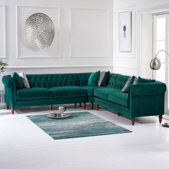 Classic Chesterfield Plush Velvet Large Corner Sofa - Choice Of Colours - The Furniture Mega Store 