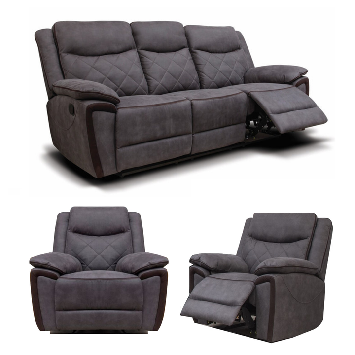 Foster Dark Grey Fabric Manual Recliner Sofa & x2 Armchairs Set - The Furniture Mega Store 