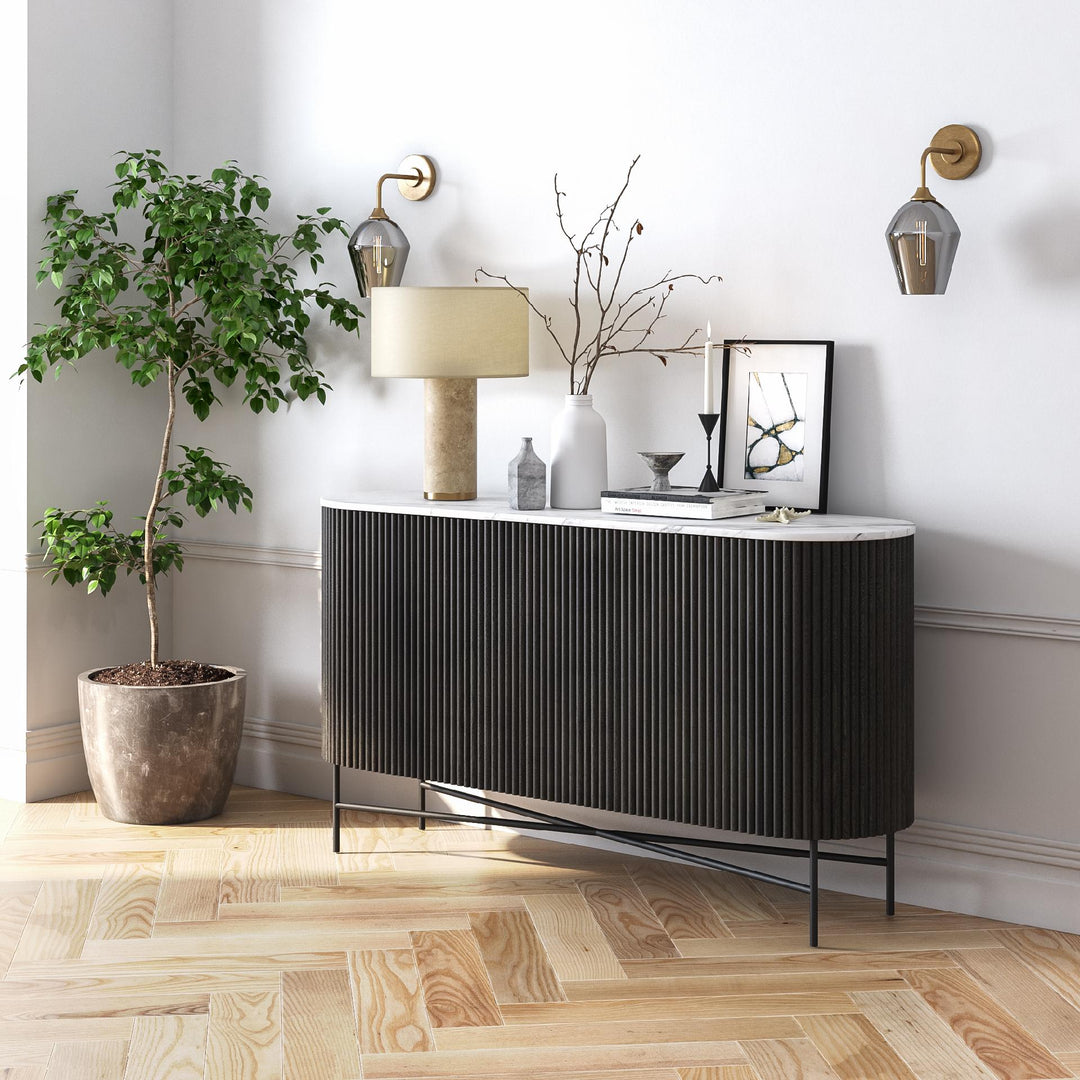 Miles Charcoal Fluted Mango & White Marble Large Curved Sideboard - The Furniture Mega Store 