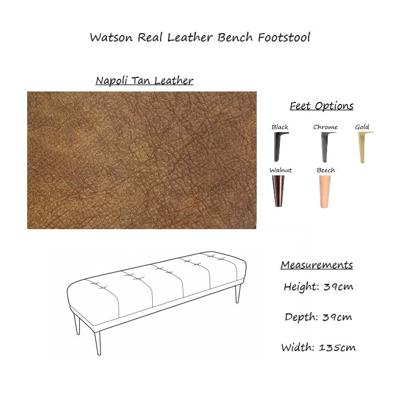 Watson Real Leather Bench Footstool - Choice Of Leathers & Legs - The Furniture Mega Store 