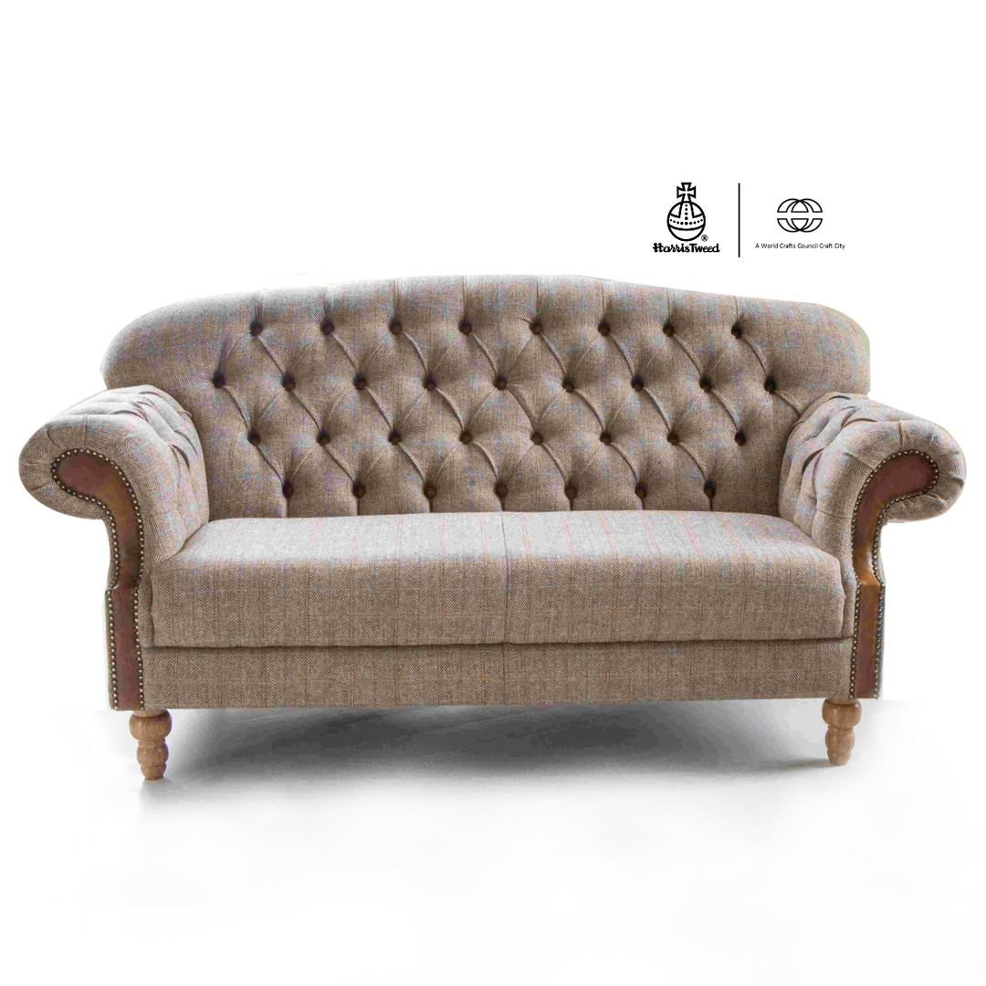 Haworth Buttoned Back Hunting Lodge Harris Tweed® & Brown Vintage Leather Sofa - Choice Of Sizes - The Furniture Mega Store 