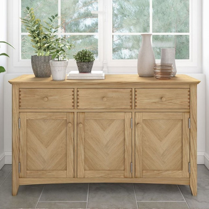 Grand Parquet Oak Large 3 Door 3 Drawer Sideboard - The Furniture Mega Store 