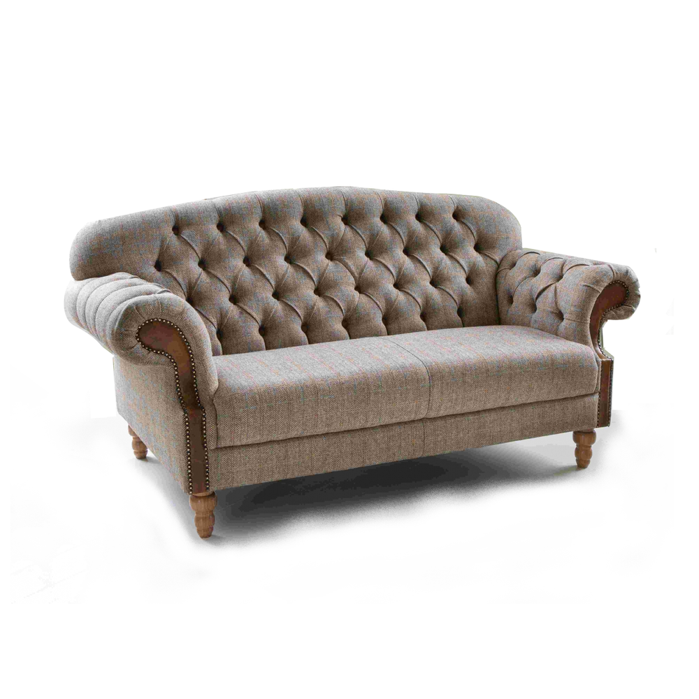 Haworth Buttoned Back Hunting Lodge Harris Tweed® & Brown Vintage Leather Sofa - Choice Of Sizes - The Furniture Mega Store 