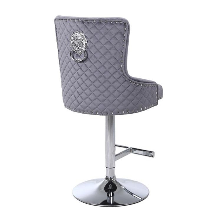 Majestic Grey Velvet Diamond Quilted - Lion Head Knocker Back Bar Stool - The Furniture Mega Store 