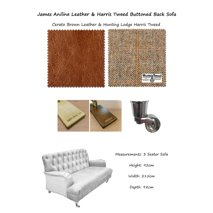 James Aniline Leather & Harris Tweed Buttoned Back Sofa & Armchair Collection - The Furniture Mega Store 