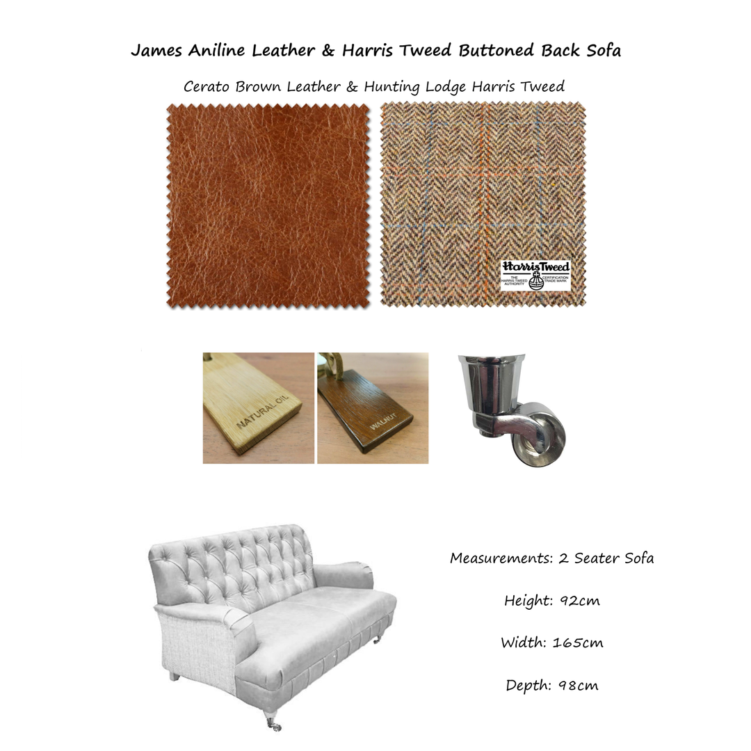 James Aniline Leather & Harris Tweed Buttoned Back Sofa & Armchair Collection - The Furniture Mega Store 