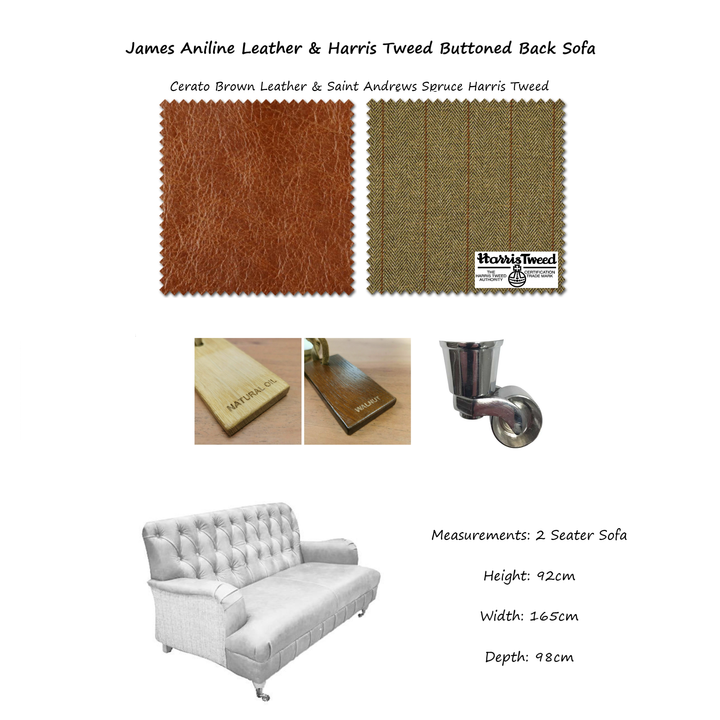 James Aniline Leather & Harris Tweed Buttoned Back Sofa & Armchair Collection - The Furniture Mega Store 