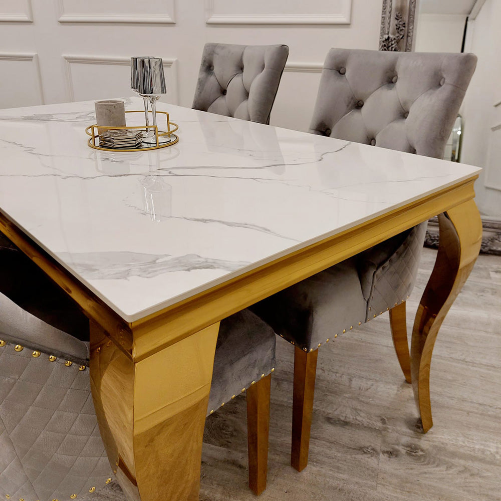 Louis 1.6 Gold Leg & Polar White Sintered Stone Top Dining Table & 4 Bentley Grey Velvet Dining Chairs - The Furniture Mega Store 