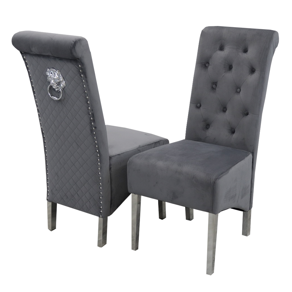 Sofia Velvet & Chrome Leg Lion Knocker Back Dining Chairs - Set Of 2 - Choice Of Colours - The Furniture Mega Store 