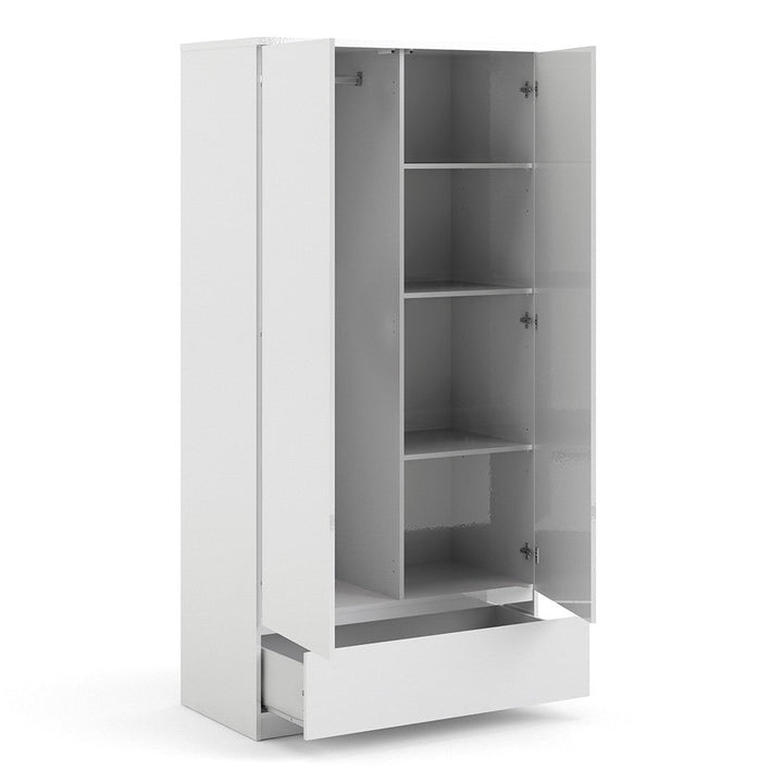 Naiah Wardrobe 2 doors + 1 drawer White High Gloss - The Furniture Mega Store 