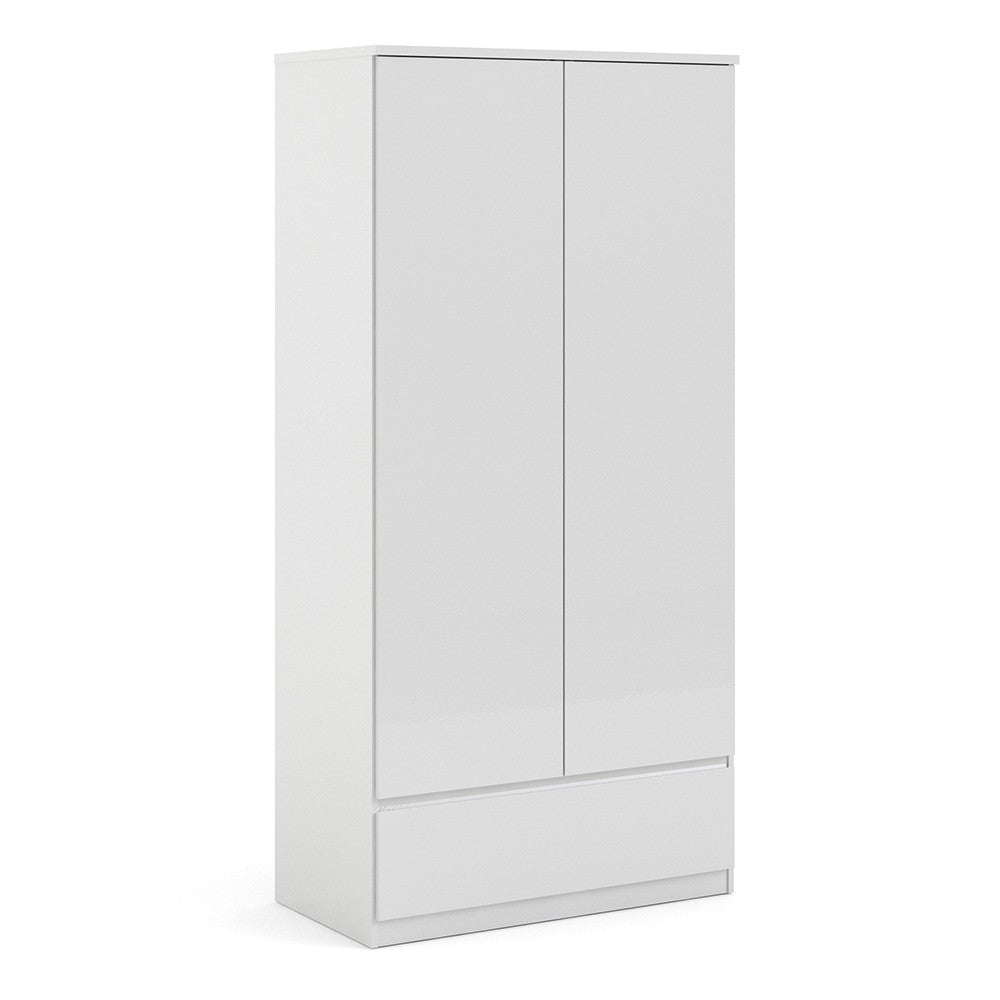 Naiah Wardrobe 2 doors + 1 drawer White High Gloss - The Furniture Mega Store 