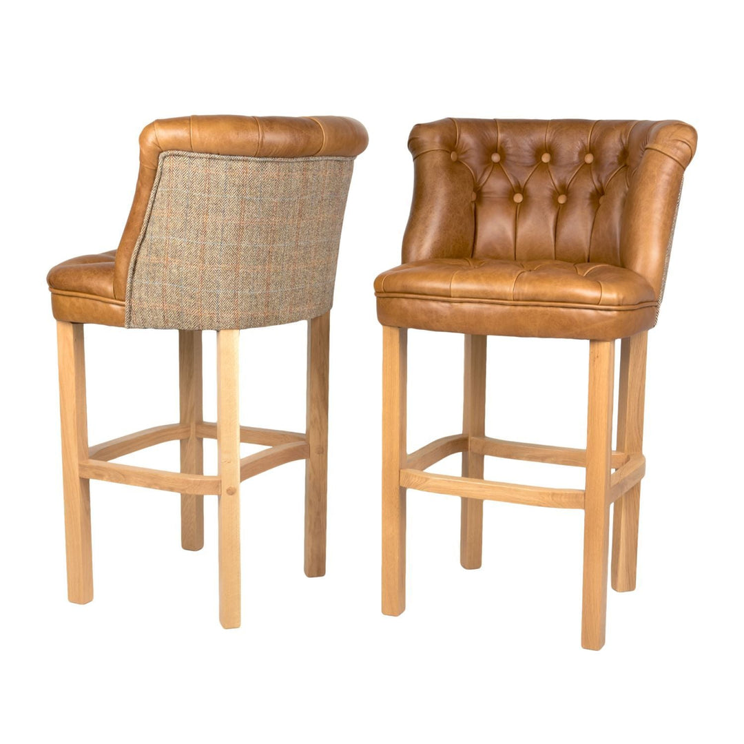 Parker Vintage Leather & Harris Tweed Buttoned Bar Stool - Various Options - The Furniture Mega Store 