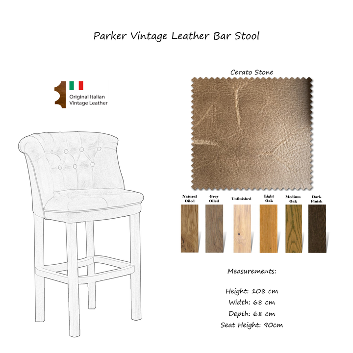 Parker Vintage Leather Buttoned Bar Stool - Choice Of Leathers & Legs - The Furniture Mega Store 