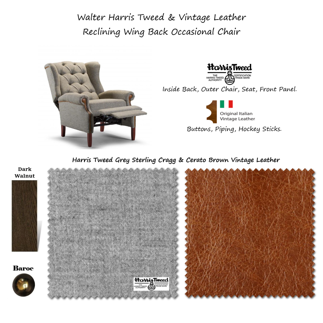 Walter Harris Tweed & Vintage Leather Reclining Wing Back Occasional Chair - The Furniture Mega Store 