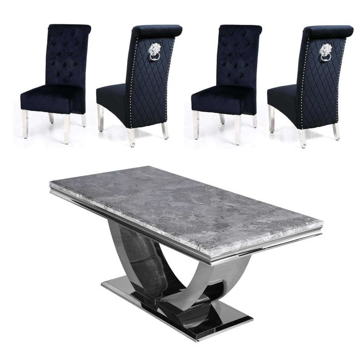 Ariel 1.8 Marble Dining Table & Sofia Velvet Lion Knocker Dining Chairs - Set - The Furniture Mega Store 