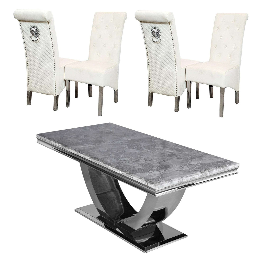 Ariel 1.8 Marble Dining Table & Sofia Velvet Lion Knocker Dining Chairs - Set - The Furniture Mega Store 