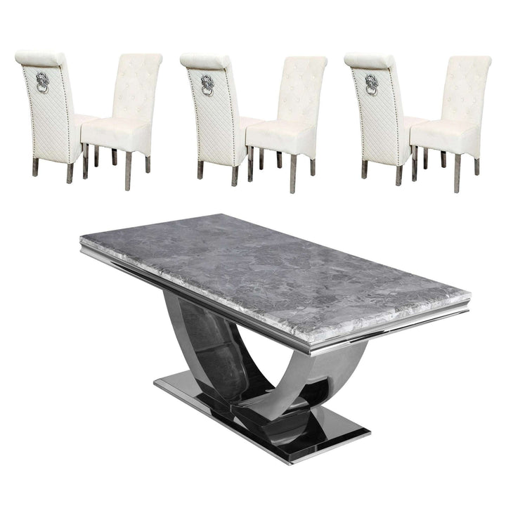 Ariel 1.8 Marble Dining Table & Sofia Velvet Lion Knocker Dining Chairs - Set - The Furniture Mega Store 