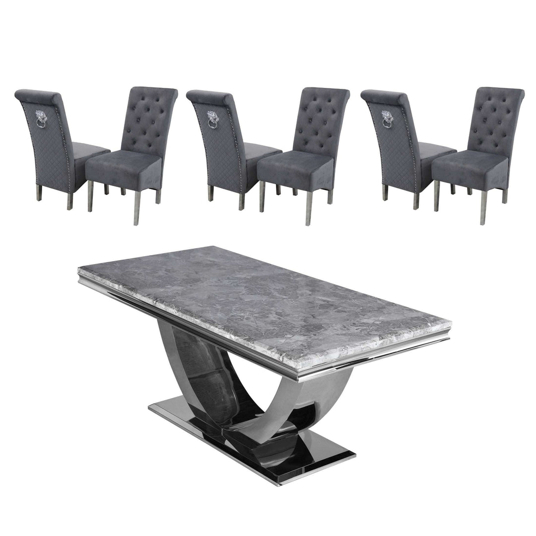 Ariel 1.8 Marble Dining Table & Sofia Velvet Lion Knocker Dining Chairs - Set - The Furniture Mega Store 