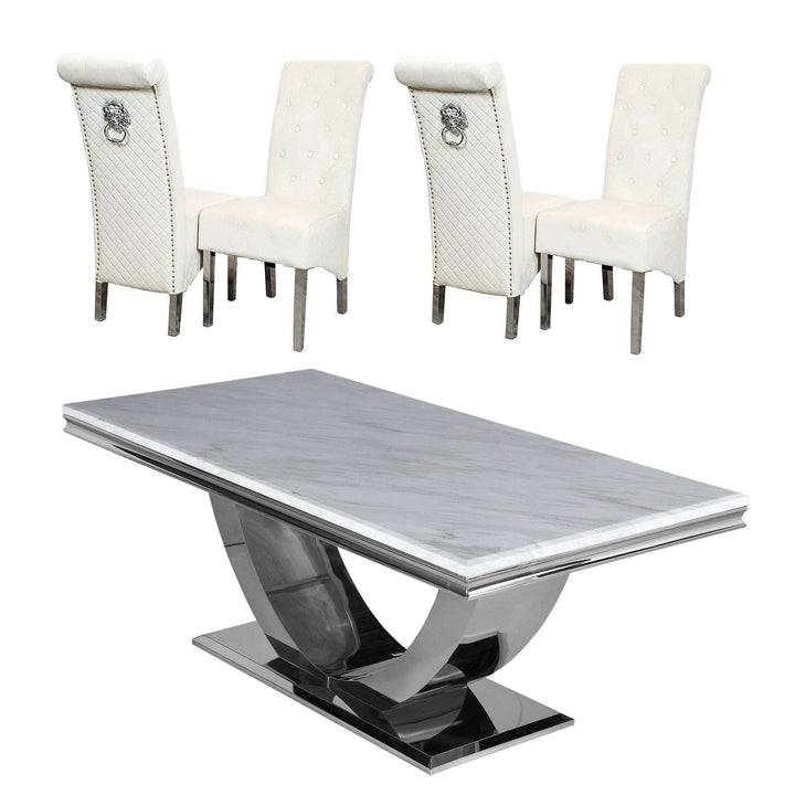 Ariel 1.8 Marble Dining Table & Sofia Velvet Lion Knocker Dining Chairs - Set - The Furniture Mega Store 