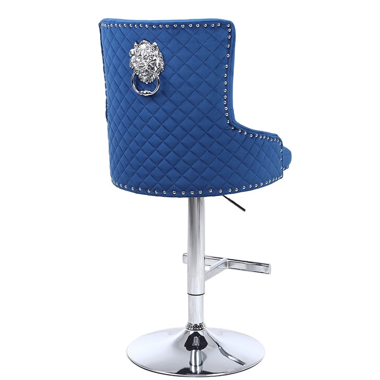 Majestic Navy Velvet Diamond Quilted - Lion Head Knocker Back Bar Stool - The Furniture Mega Store 