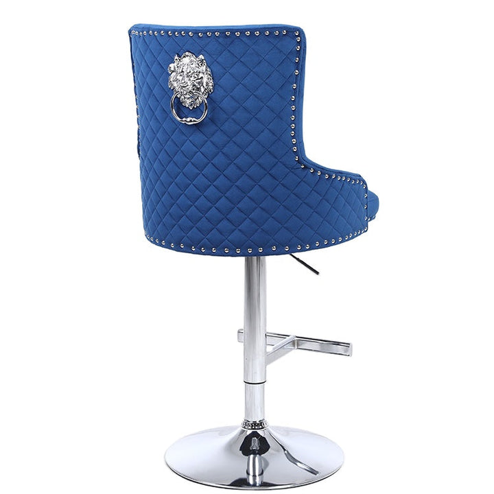 Majestic Navy Velvet Diamond Quilted - Lion Head Knocker Back Bar Stool - The Furniture Mega Store 