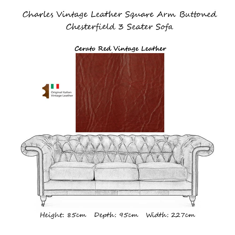 Charles Vintage Leather Square Arm Buttoned Chesterfield Sofa & Armchair Collection - The Furniture Mega Store 