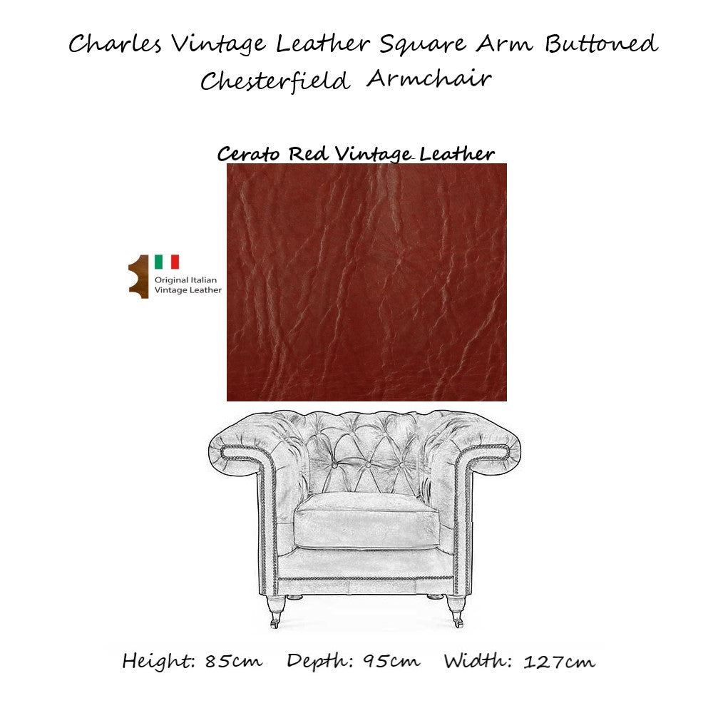 Charles Vintage Leather Square Arm Buttoned Chesterfield Sofa & Armchair Collection - The Furniture Mega Store 