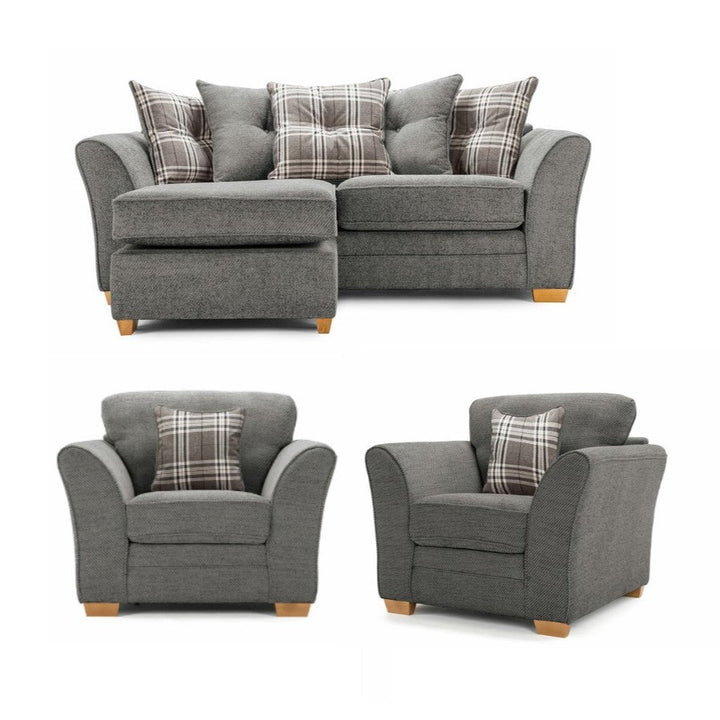 Charlotte Grey Fabric Scatter Back Chaise Sofa & Armchair Set  3 + 1 + 1 - The Furniture Mega Store 