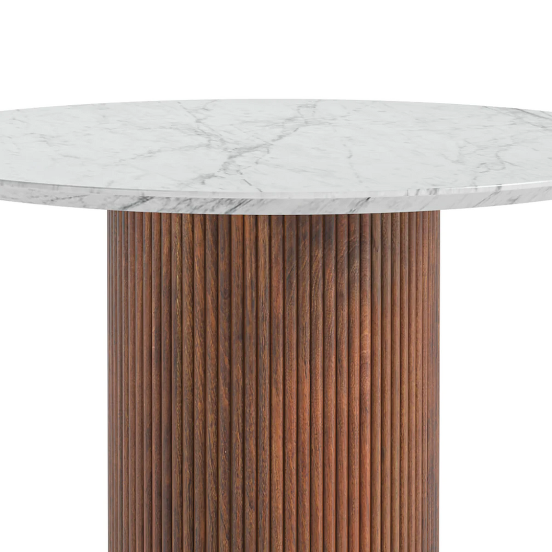 Milo Walnut Fluted Wood & Marble Top Round Dining Table - 120cm - The Furniture Mega Store 