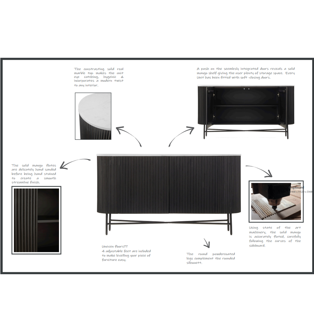 Miles Charcoal Fluted Mango & White Marble Large Curved Sideboard - The Furniture Mega Store 