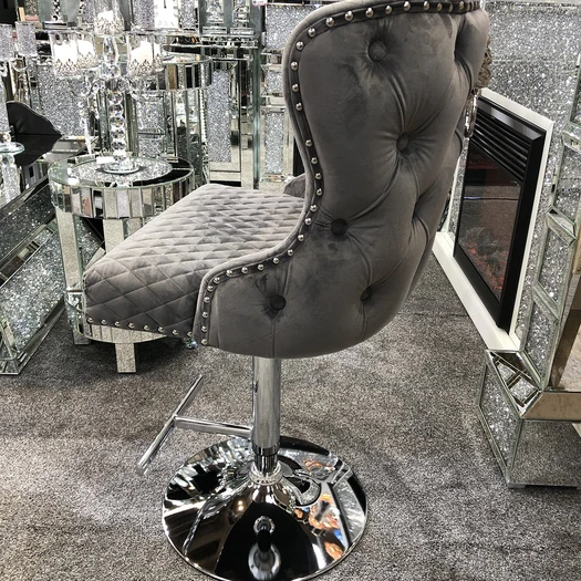 Valentino Grey Velvet Deep Tufted Lion Head Bar Stool - The Furniture Mega Store 