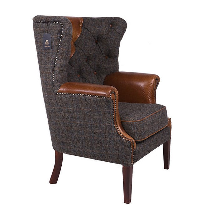 Knightsbridge Harris Tweed & Vintage Leather Wingback Chair - Various Options - The Furniture Mega Store 