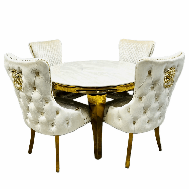 Sophia 1.1m Round Cream Marble & Gold Leg Dining Table & 4 Cream Velvet & Gold Dining Chairs - The Furniture Mega Store 