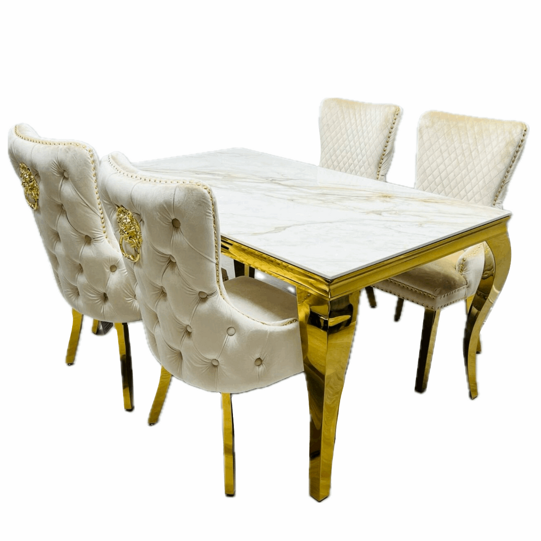 Sophia 1.6m Cream Marble & Gold Leg Dining Table & 4 Cream Velvet & Gold Dining Chairs - The Furniture Mega Store 