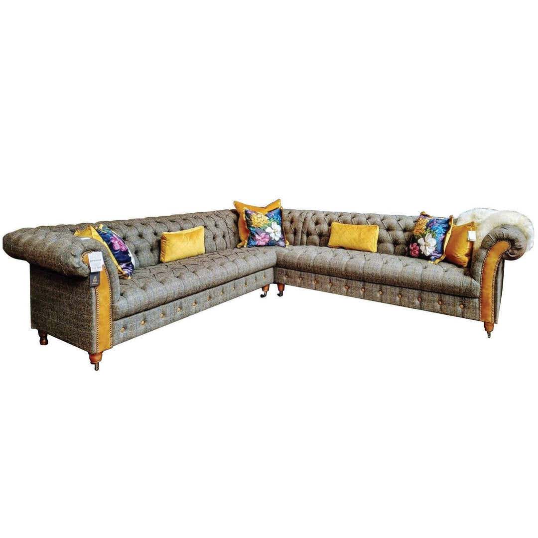 Westminster Buttoned Harris Tweed & Vintage Leather Chesterfield Corner Sofa - Choice Of Sizes - The Furniture Mega Store 