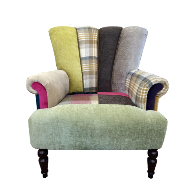 Lily Patchwork Harris Tweed , Velvet, Moon Wool & Vintage Leather Chair - Choice Of Size - The Furniture Mega Store 