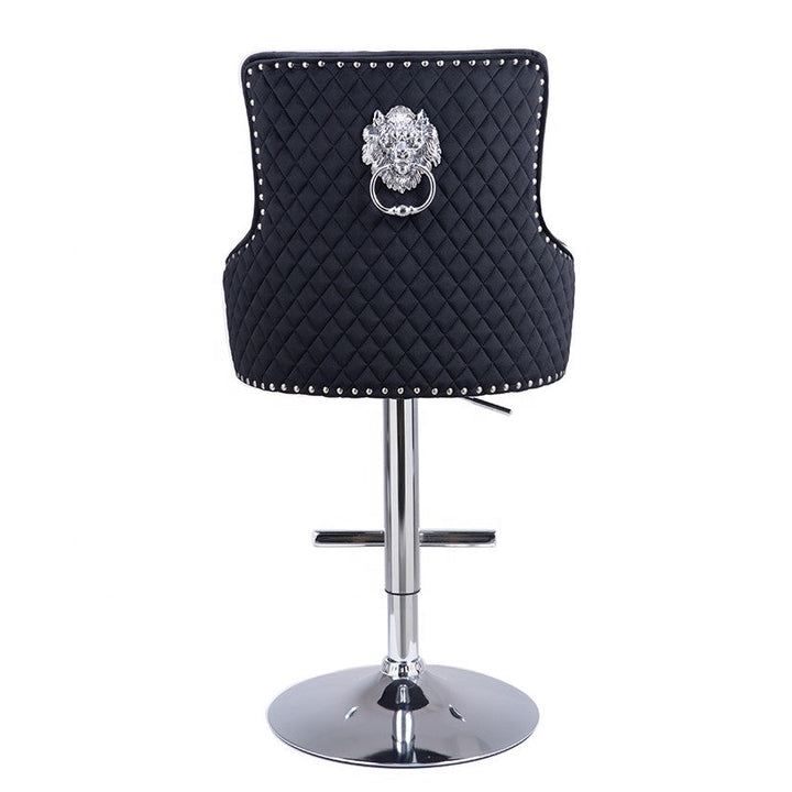 Majestic Black Velvet Diamond Quilted - Lion Head Knocker Back Bar Stool - The Furniture Mega Store 