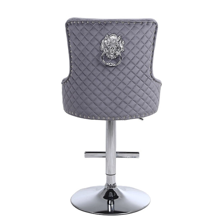 Majestic Grey Velvet Diamond Quilted - Lion Head Knocker Back Bar Stool - The Furniture Mega Store 